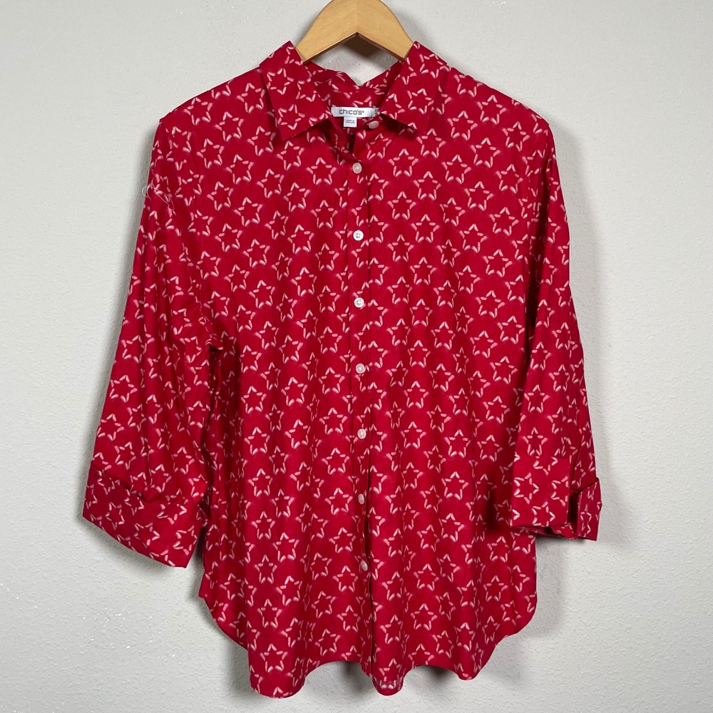 Chico's Star Print Button Up Shirt Patriotic 2.5 L Red 3/4 Sleeve Cotton Stretch